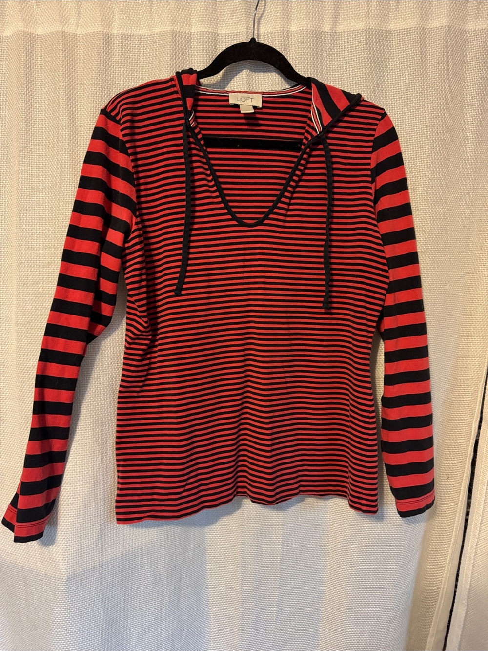 LOFT Black and Red Striped Hooded Long-Sleeve Top